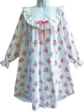 Vintage USA Lanz Salzburg White Eyelet Lace Pink Floral Roses Nightgown Flannel